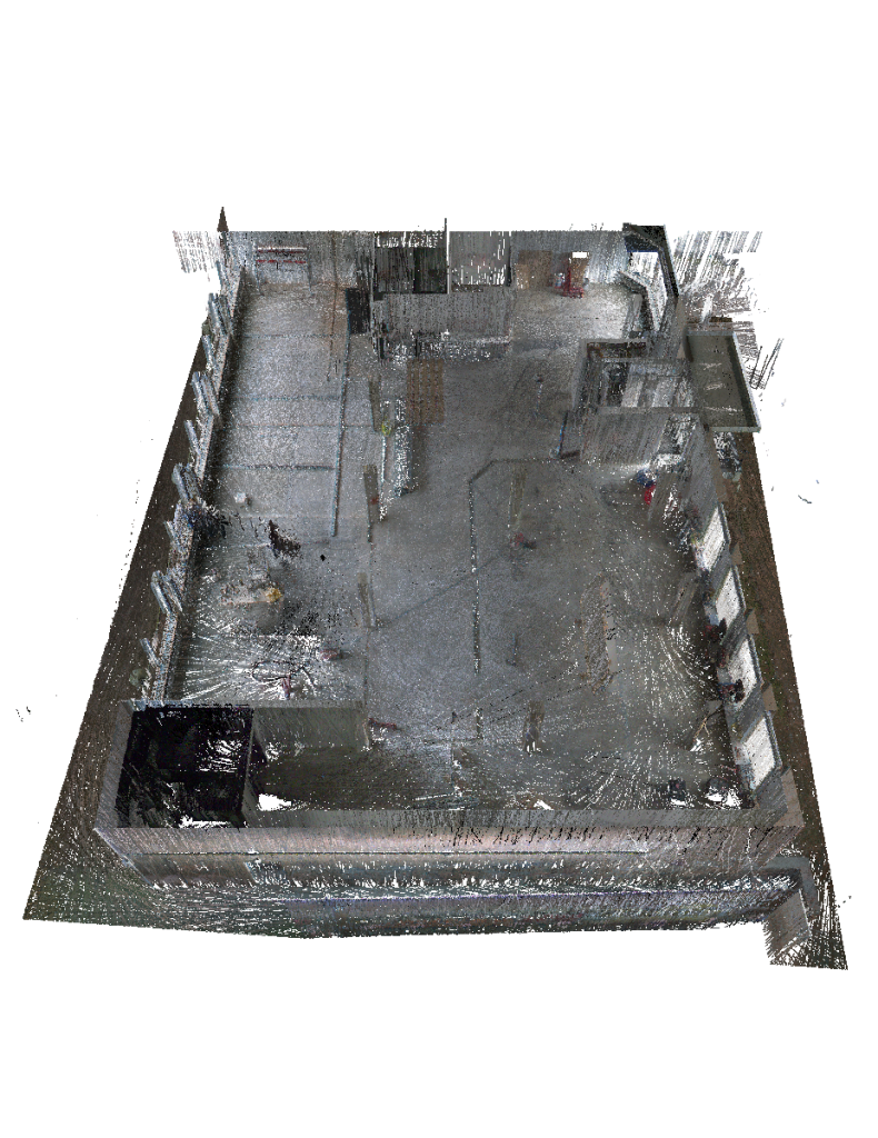 3D pointcloud-scan van een interieur, gegenereerd met LiDAR-technologie. De scan toont een gedetailleerde weergave van een gebouw met muren, ramen en verschillende interieurkenmerken in een gestructureerde puntwolkvisualisatie.