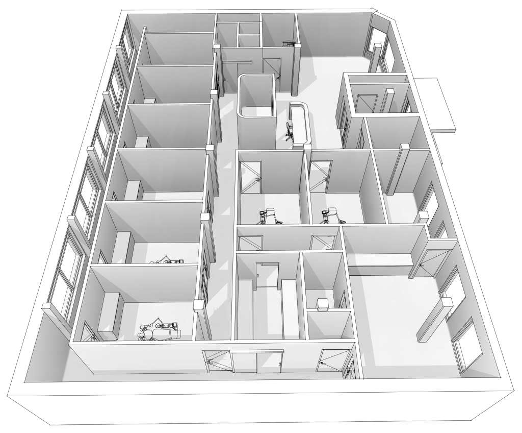 3D-model van een interieurindeling, gebaseerd op een gedigitaliseerde pointcloud en uitgewerkt in Revit. Het model toont een gedetailleerd ontwerp met wanden, ramen, deuren en interieurinrichting, geoptimaliseerd voor bouw- en interieurplanning.
