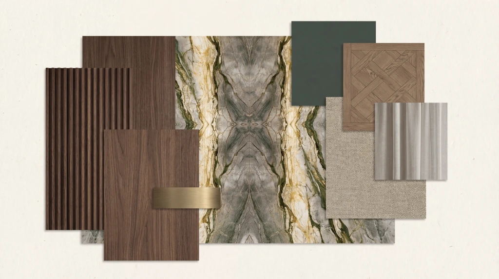 Moodboard voor klassiek kantoor in Oisterwijk met hout, natuursteen, textiel en kleurstalen
