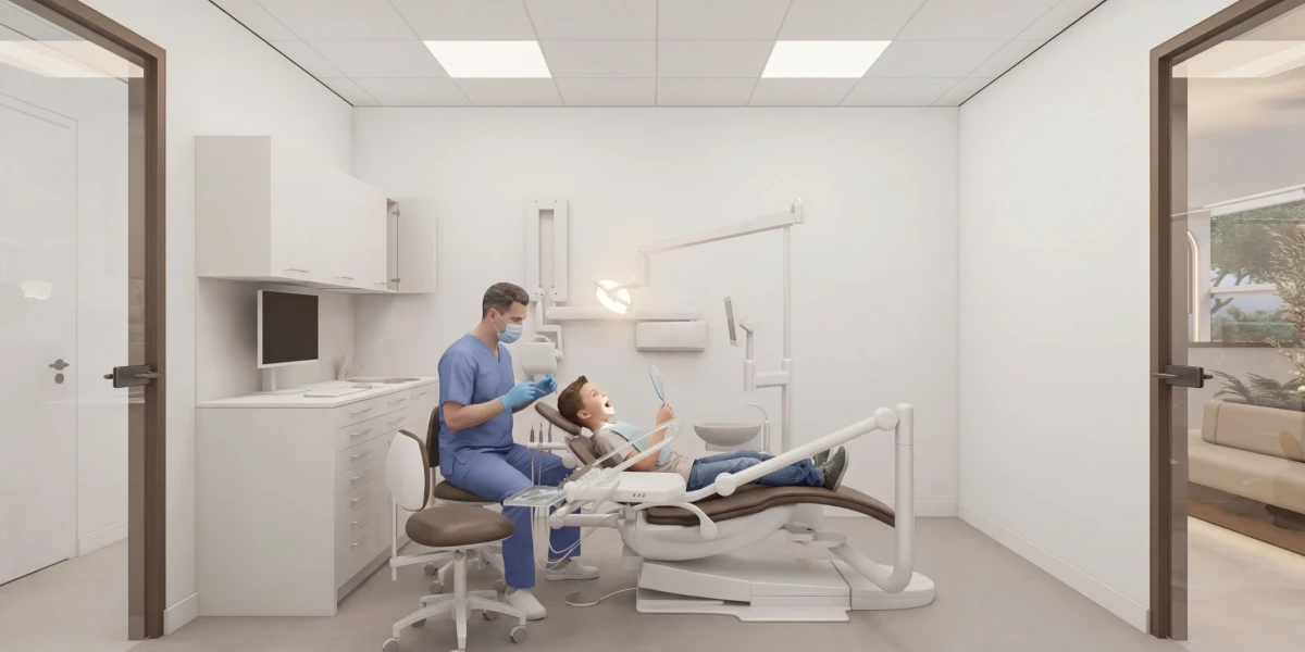 Behandelkamer van Tandarts De Prins met moderne tandartsstoel, behandelaar en kindpatiënt in een lichte en rustige klinische omgeving.