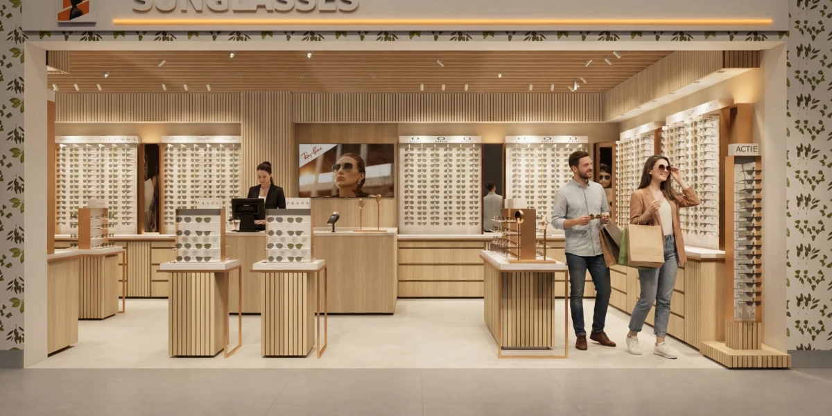 Moderne sunglasses winkel op Schiphol met houten interieur, verlichte brillenwanden en klanten die zonnebrillen passen in een luxe luchthavenomgeving.