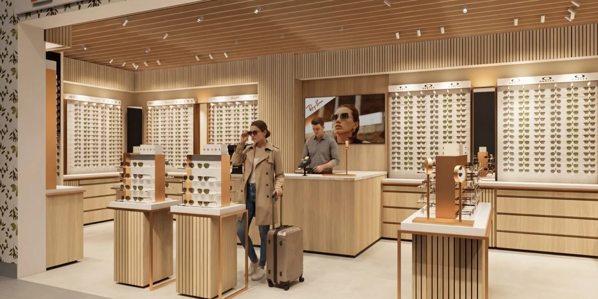 Moderne sunglasses winkel op Schiphol met houten interieur, verlichte brillenwanden en klanten die zonnebrillen passen in een luxe luchthavenomgeving.