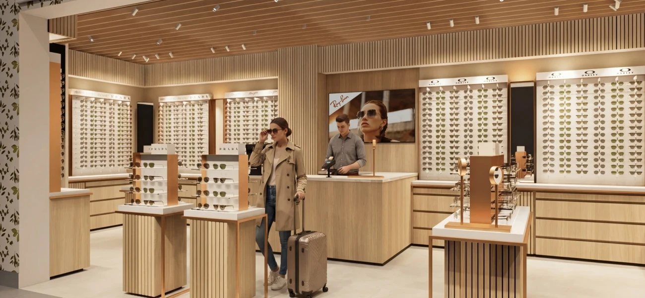 Moderne sunglasses winkel op Schiphol met houten interieur, verlichte brillenwanden en klanten die zonnebrillen passen in een luxe luchthavenomgeving.