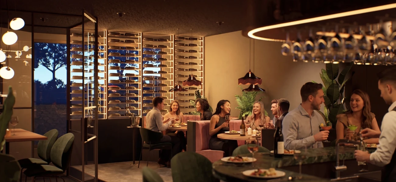 Gezellig interieur van restaurant Florizz in Zwijndrecht tijdens de avond, met gasten die dineren aan houten tafels tussen veel groen en sfeervolle verlichting.