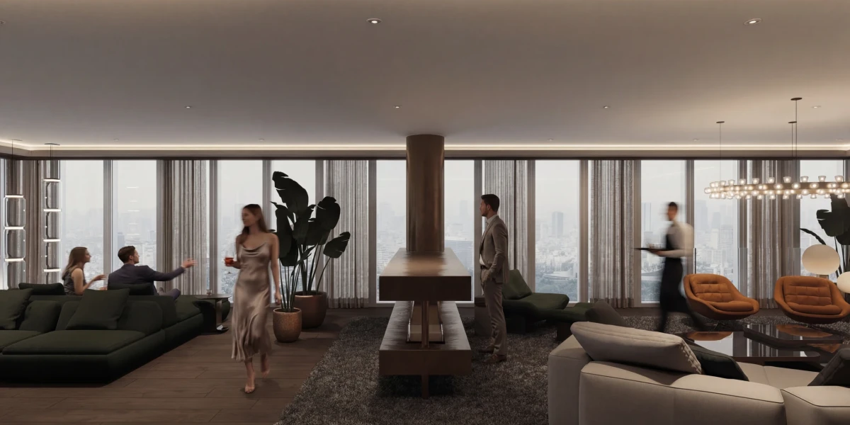 Luxe man cave in een penthouse in Rotterdam met biljarttafel, zithoek, open haard en panoramisch uitzicht over de skyline.