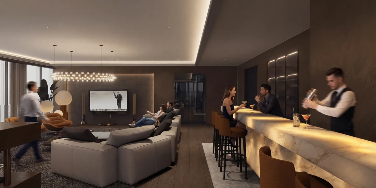 Luxe man cave in een penthouse in Rotterdam met biljarttafel, zithoek, open haard en panoramisch uitzicht over de skyline.
