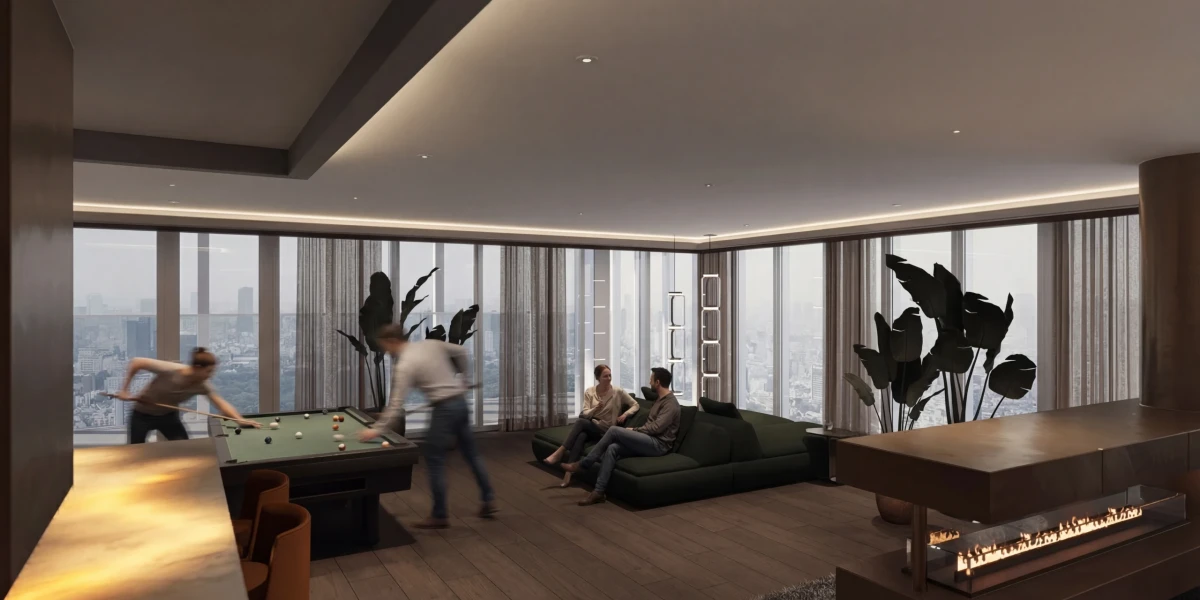 Luxe man cave in een penthouse in Rotterdam met biljarttafel, zithoek, open haard en panoramisch uitzicht over de skyline.