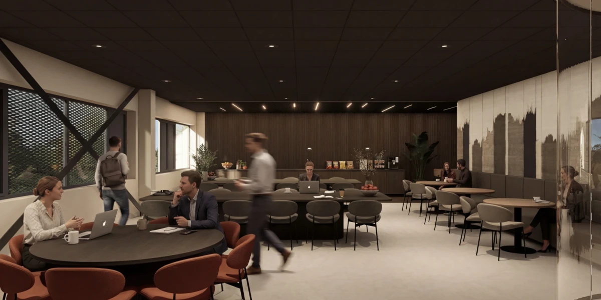 Kantoor lunchruimte met lange tafel, pantry en informele zitplekken.