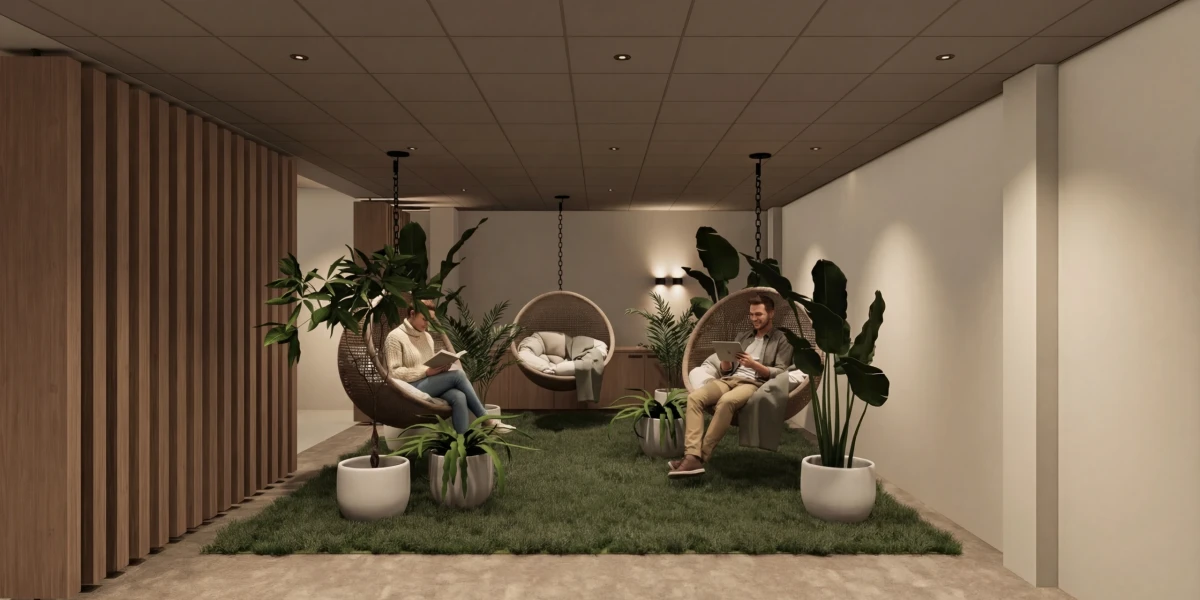 Loungehoek in kantoor met hangstoelen, planten en informele zitplekken.
