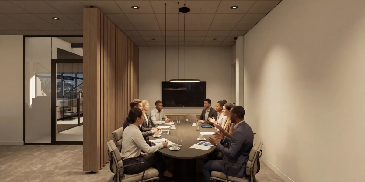 Vergaderruimte in kantoor met lange tafel, vergaderstoelen en wandafscheiding van hout.