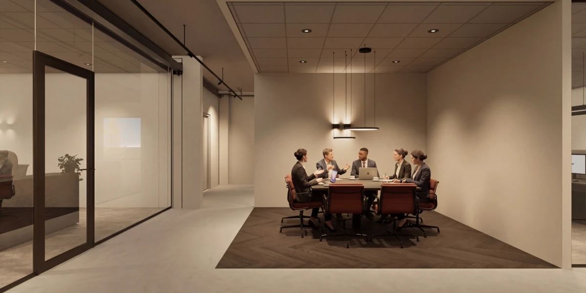 Vergaderruimte in modern kantoor met vergadertafel en glazen wanden.