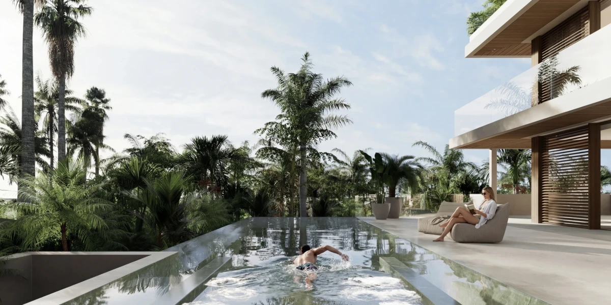 Exterieur van villa op Ibiza met infinity zwembad, terras en zicht op tropische beplanting
